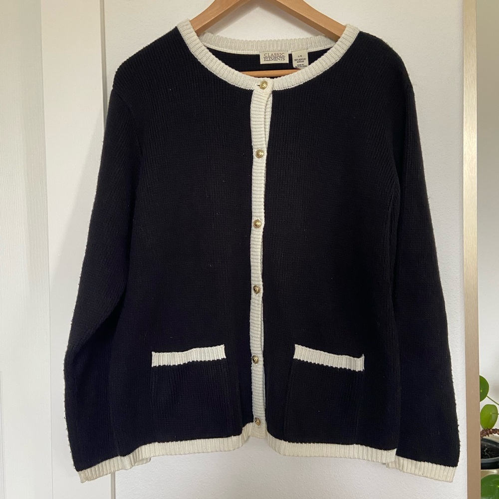 Classic Elements Black and Cream Classic Cardigan Jacket Sweater Size Large
